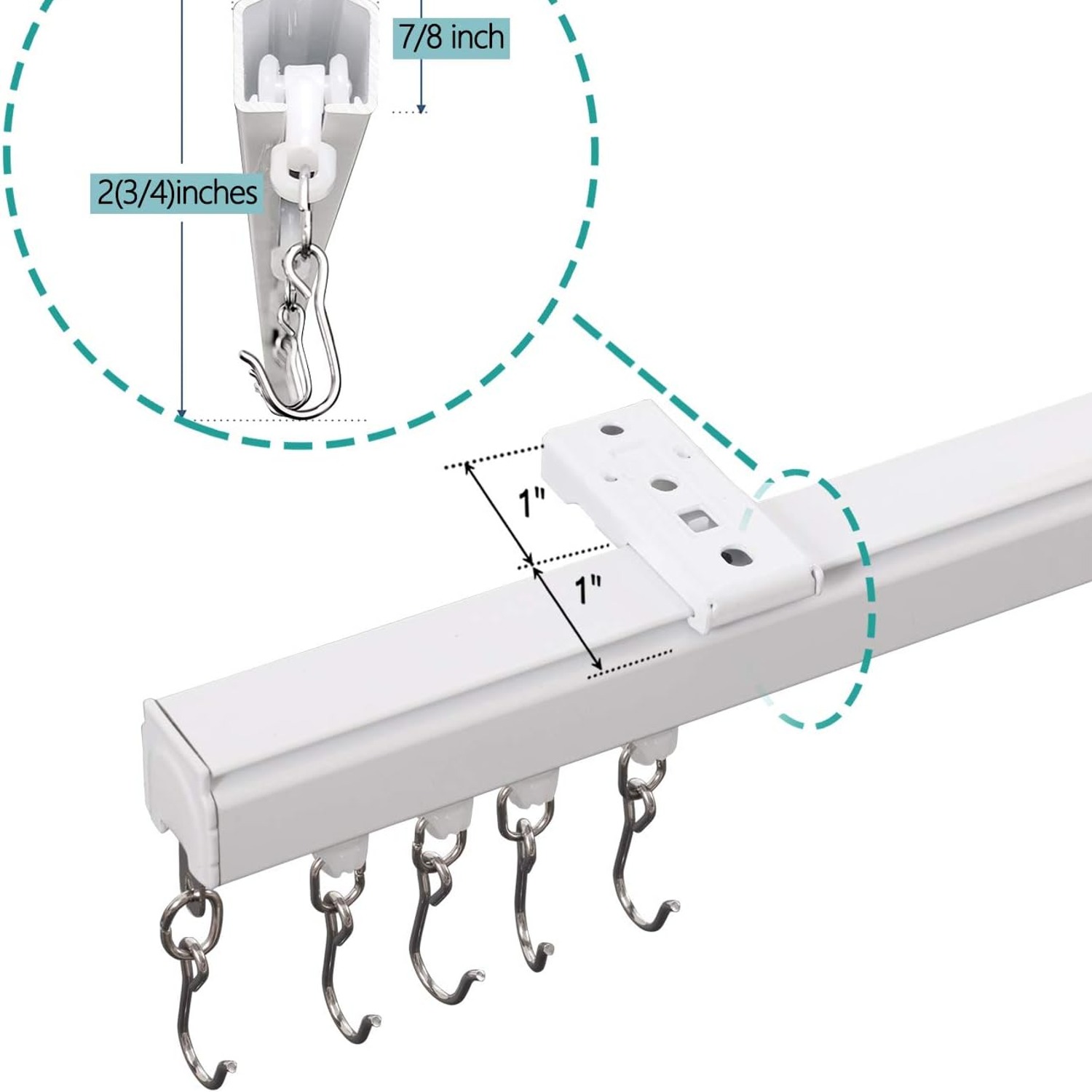 ChadMade Aluminum Ceiling Curtain Track Set 9ft to 12ft with Hooks, detail view