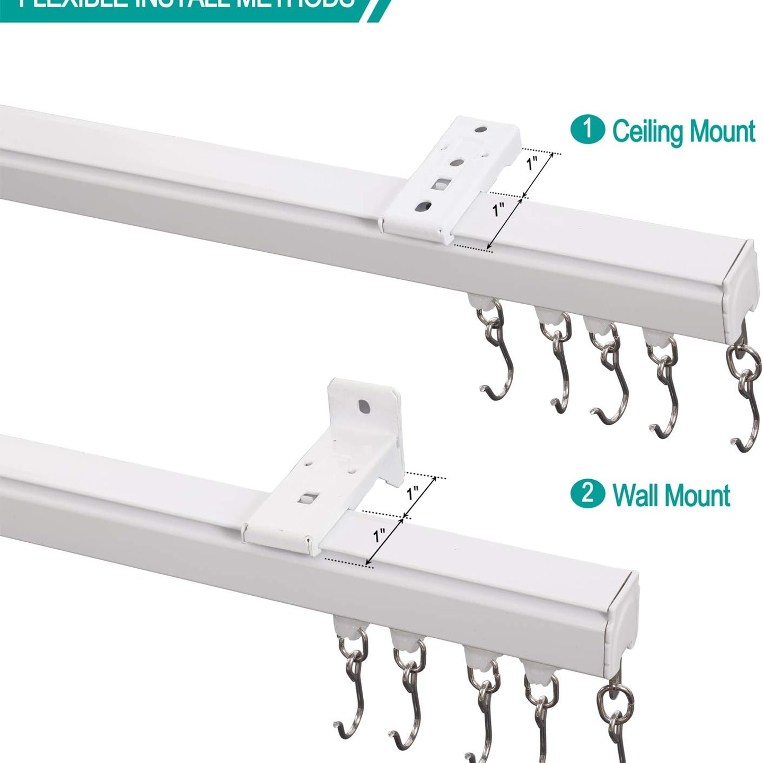 ChadMade Aluminum Ceiling Curtain Track Set 9ft to 12ft with Hooks, detail view