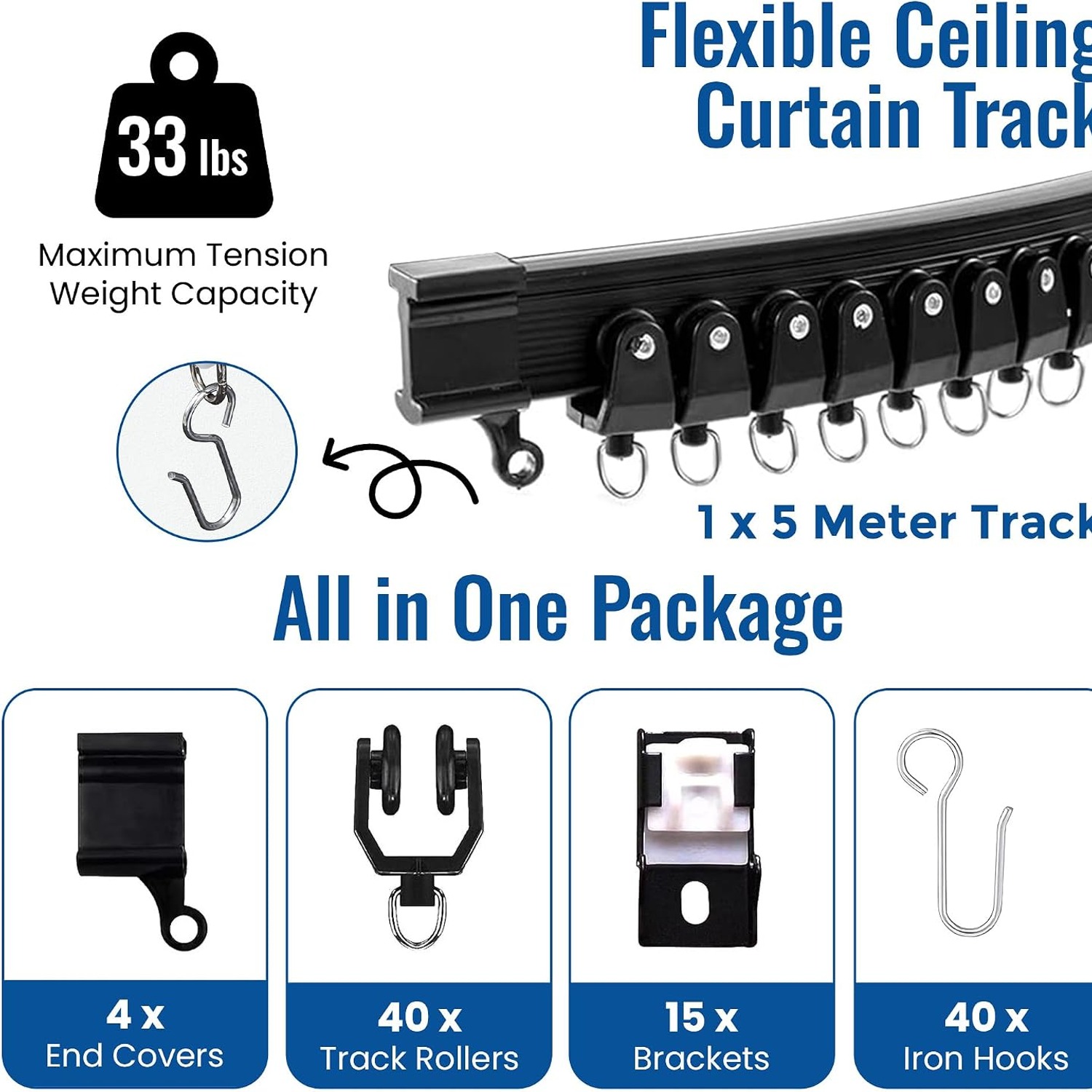 Bendable Ceiling Curtain Track Rail Kit, 16 ft Black: image 2